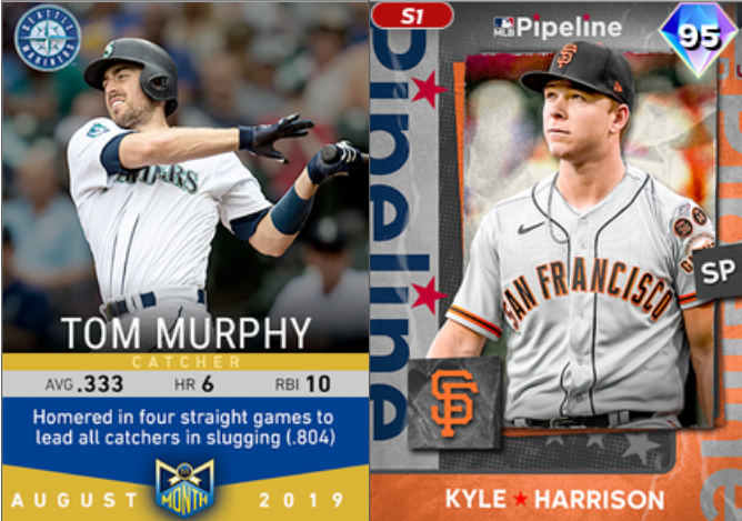 Tom Murphy's August 2019 Topps Now card and Kyle Harrison's Pipeline card